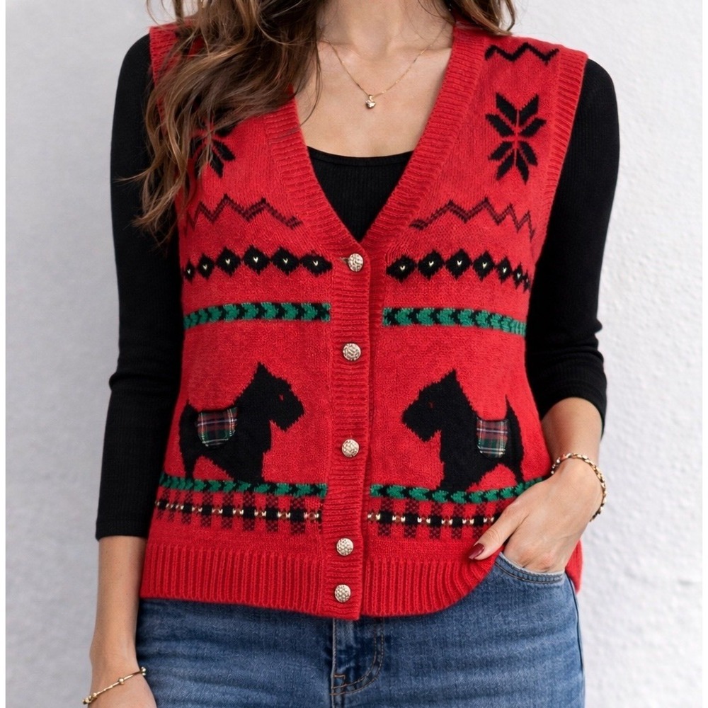 Alfred Dunner Scottie Dogs Red Knit Vest Sz. Small Vintage90s Cottagecore Preppy - Picture 3 of 13